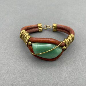 Artisan Bracelet Leather Gem Stone Gold Tone Wrapped Wire Hook Closure